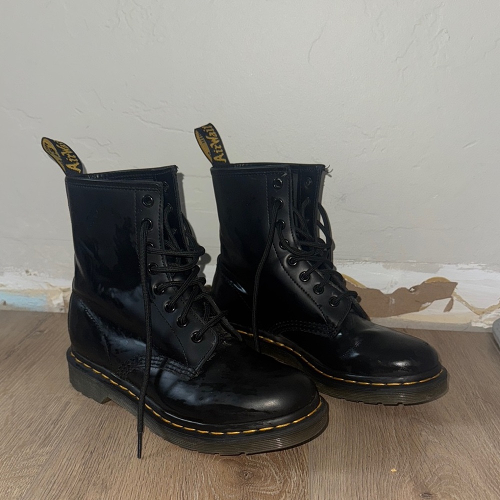 Dr. Martens Shiny Black Boots with Yellow Stitching